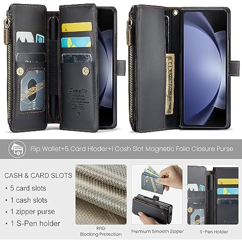 CaseMe Samsung Galaxy Z Fold 5 Case with S Pen Holder, Z Fold 5 Wallet Case with Card Holder for Wmen Men, RFID Blocking Durable Leather Kickstand Zipper Shockproof Phone Case for Galaxy Fold 5, Black