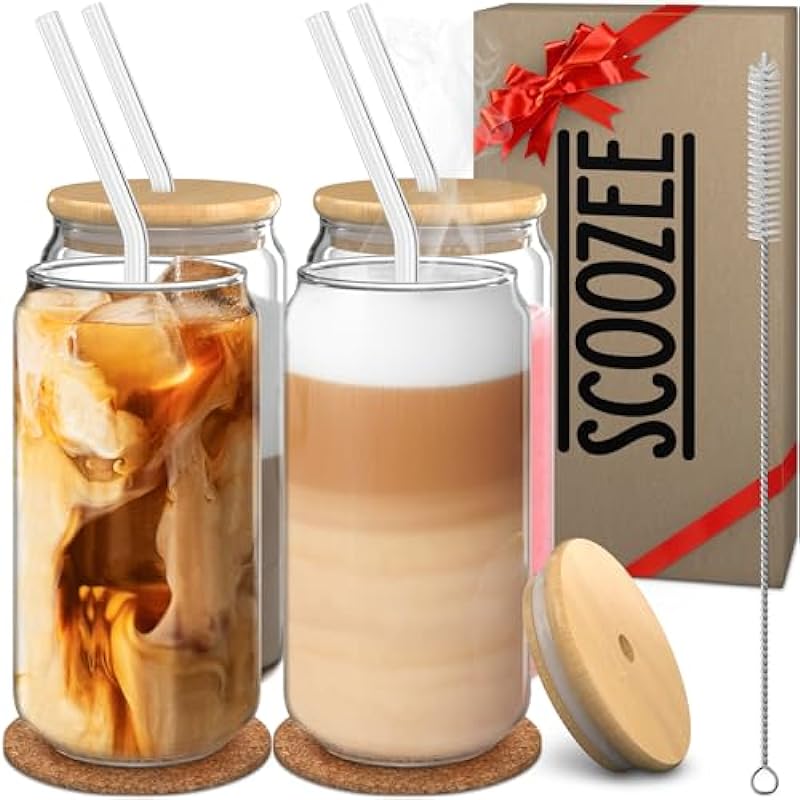 Scoozee Glass Cups with Bamboo Lids, Glass Straws and Coasters (Set of 4, 16 oz) – Iced Coffee Cup with Lid and Straw – Drinking Glasses with Wooden Lid – Cute Aesthetic Cup Housewarming Gift