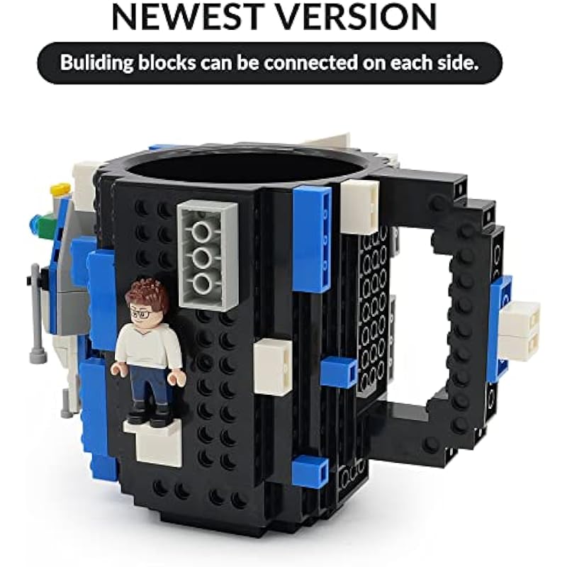 Build-on Brick Coffee Mug, Funny DIY Novelty Cup with Building Blocks Creative Gift for Kids Men Women Xmas Birthday (Black)