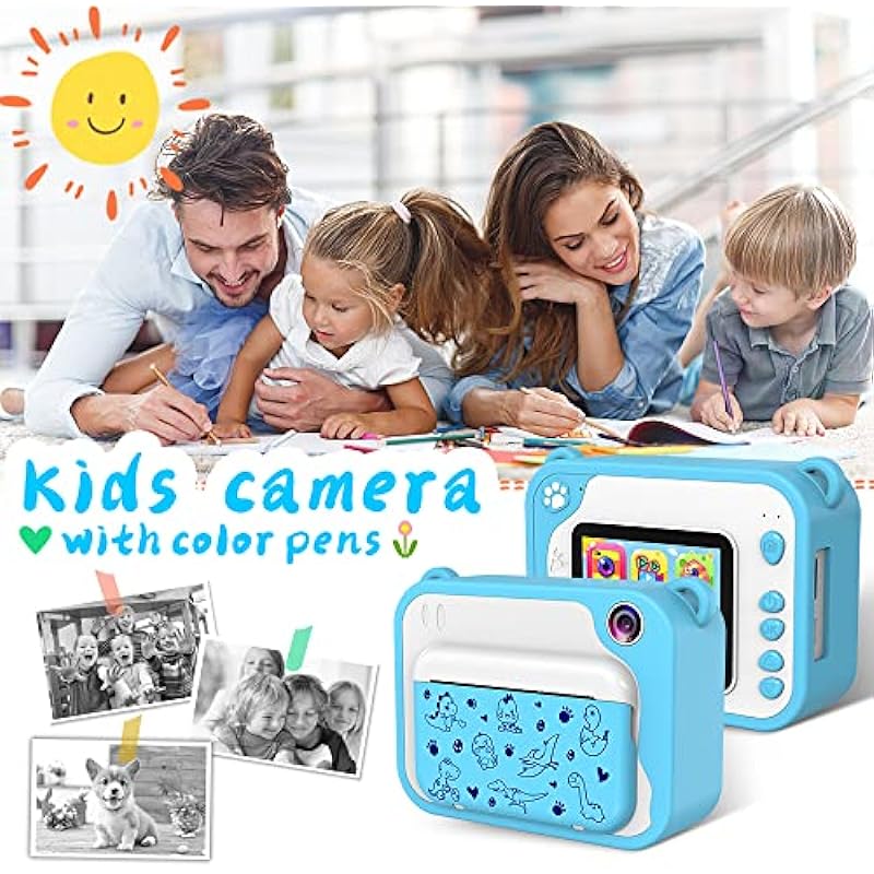 USHINING Instant Print Camera for Kids, 12MP Digital Camera for Kids Aged 3-12 Ink Free Printing 1080P Video Camera for Kids with 32GB SD Card,Color Pens,Print Papers (Blue)