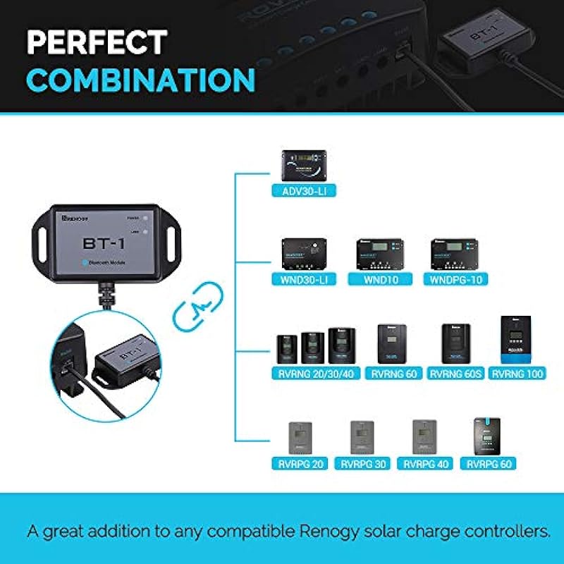 Renogy Bluetooth Module with RJ12 Communication Port, Monitoring via Smartphone for Solar Charge Controller, (New Version)