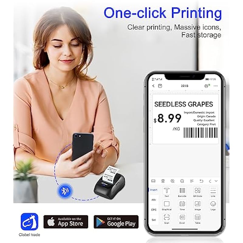 CLABEL Label Maker, 221B Barcode Printer, Bluetooth Thermal Label Maker Printer for Clothing, Labeling, Mailing, Compatible with Android & iOS System for Retail, with 1 Roll Label, Black