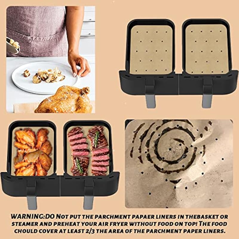 Air Fryer Parchment Paper Liners, 100 Pcs Perforated Non-Stick Air Fryer Liners, Double Basket Air Fryer Accessories, Compatible with Ninja 2-Basket Air Fryer DZ201, DZ401 6-in-1 8-qt (8.1 x 5.5”）