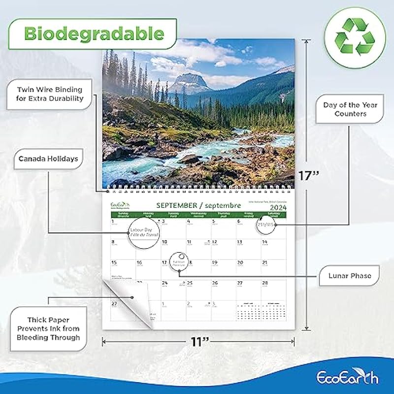Canadian 18-Month Wall Calendar, 100% Biodegradable 11×17 Inch (Open), Canadian Holidays in English & French, Jul 2023 – Dec 2024 Canada Parks Monthly Calendar, by EcoEarth