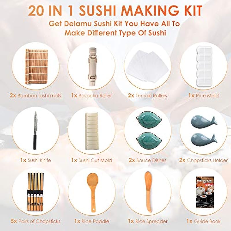 Delamu Sushi Making Kit, 20 in 1 Sushi Bazooka Roller Kit with Guide Book, Bamboo Mats, Bazooka Roller, Rice Mould, Temaki Sushi Mats, Sushi Knife, Rice Paddle, Rice Spreader, Sauce Dishes