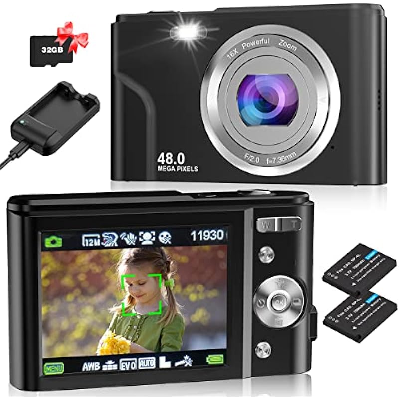 Digital Camera, Bofypoo Autofocus Kids Vlogging Camera FHD 1080P 48MP with 32GB Card, 16X Zoom Point and Shoot Digital Camera with Battery Charger, Compact Camera for Teens,Beginners