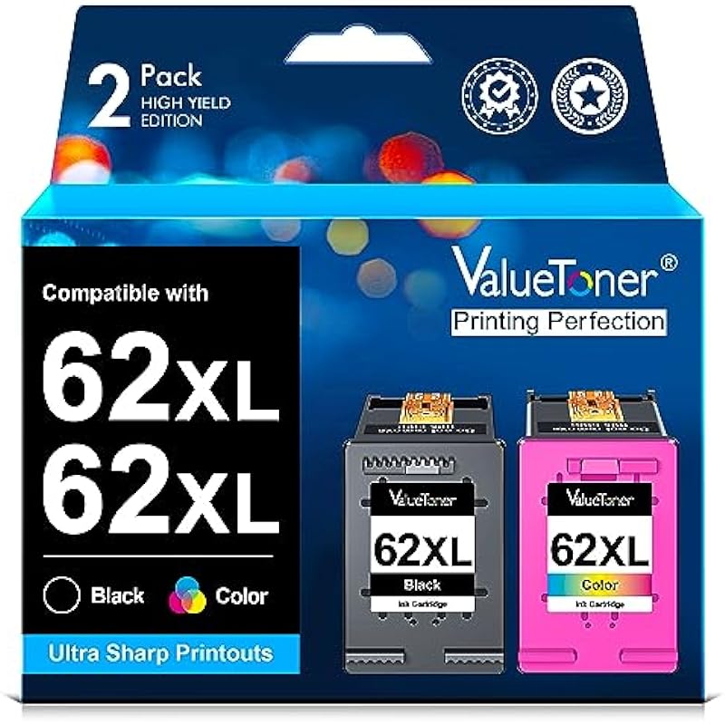 Valuetoner Remanufactured Ink Cartridge Replacement for HP 62XL 62 XL to use with Envy 5540 5640 5660 7644 7645 OfficeJet 5740 8040 OfficeJet 200 250 Series Printer (1 Black, 1 Tri-Color, 2-Pack)