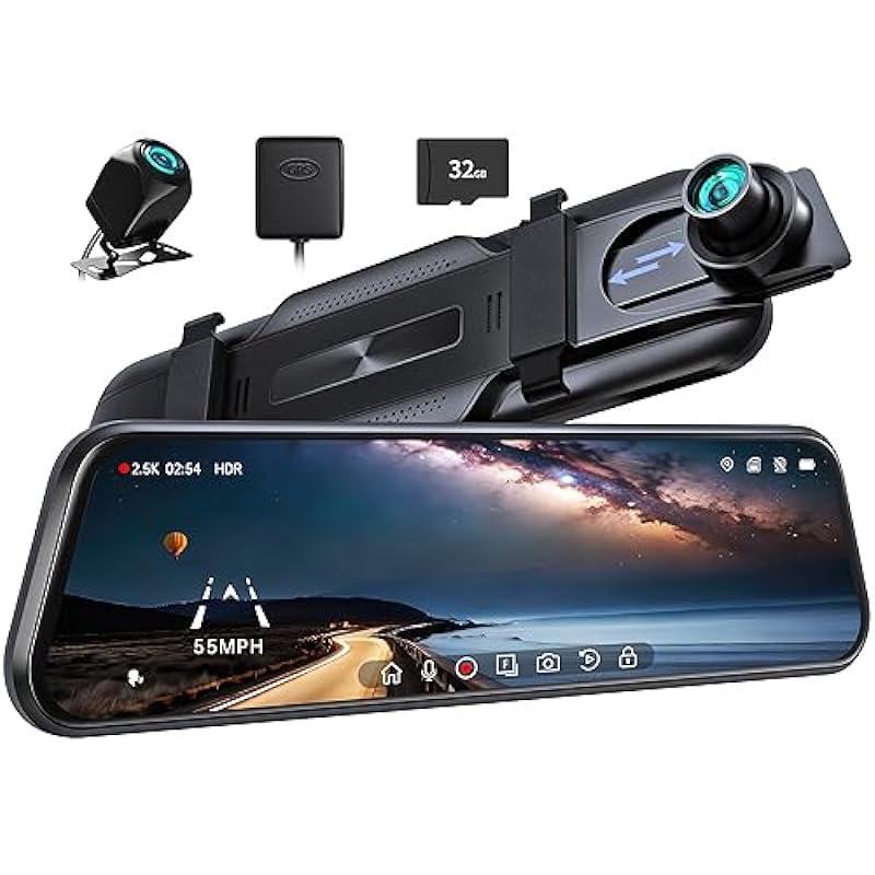 Pelsee P10 2.5K Rear View Mirror Camera, 10” Mirror Dash Cam Smart Driving Assistant w/BSD, Front and Rear Camera for Cars and Trucks,Night Vision,Voice Control,Parking Monitor,Free 32GB Card & GPS