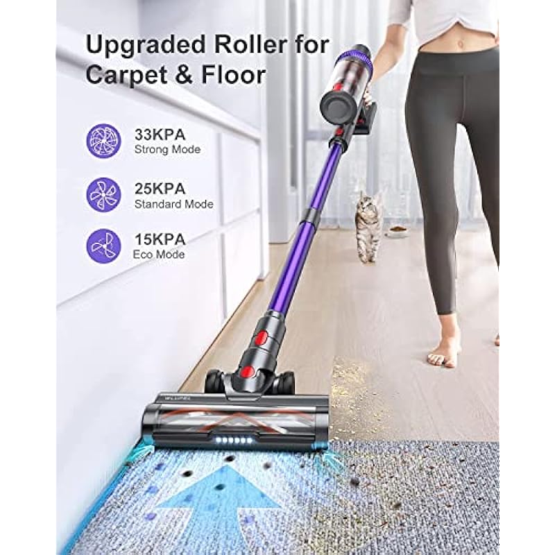 WLUPEL Cordless Vacuum Cleaner,450W/33KP Powerful Stick Vacuum with LED Touch Screen,Cordless Stick Vacuum has 3 Adjustable Suction Modes for Hard Floor/Carpet/Pet Hair(KB-H015)