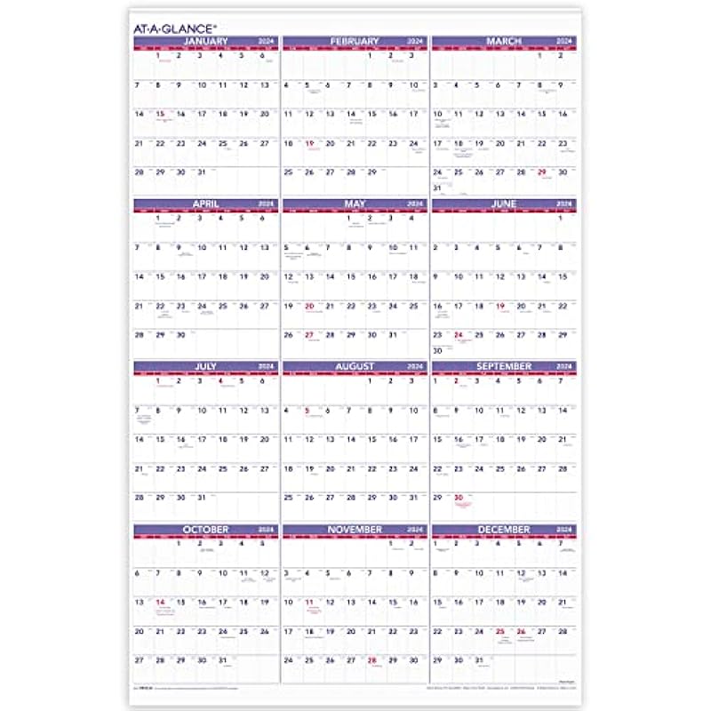 AT-A-GLANCE 2024 Wall Calendar Monthly Planner, 24″ x 36″, Extra Large, Erasable (PM122824)