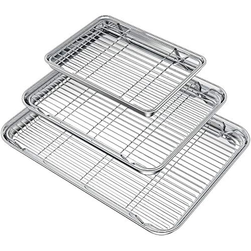 Wildone Baking Sheet with Rack Set (3 Pans + 3 Racks), Stainless Steel Baking Pan Cookie Sheet with Cooling Rack, Non Toxic & Heavy Duty & Easy Clean