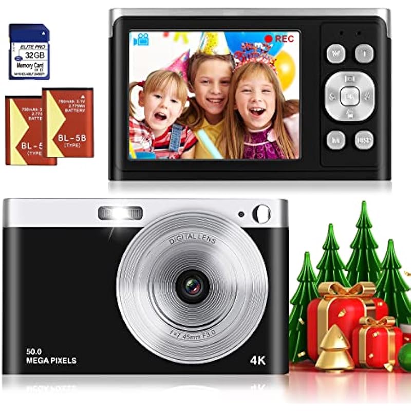 Birosnsy Digital Camera 4K 50MP with 32GB SD Card 2.88″ IPS LCD Screen Auto Focus 16xDigital 9 Shooting Modes Zoom Entry Beginner 0.23LB HD Portable Mini Camera(Black, Batteries X2, Charging Head X1)