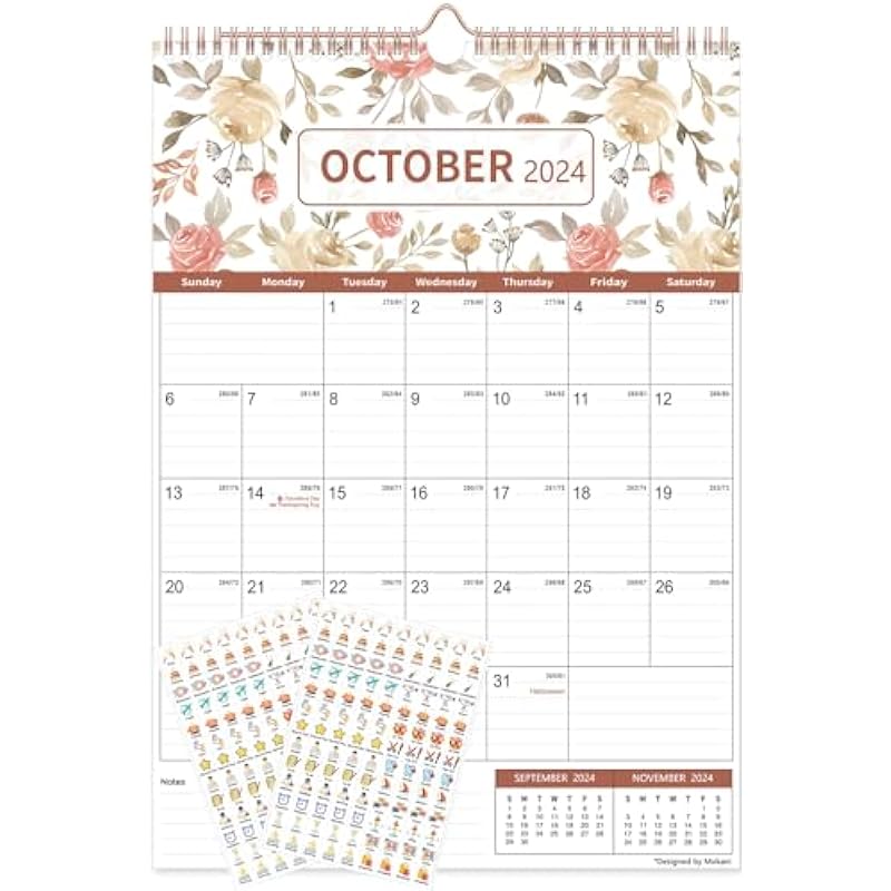 Calendar 2024, Mokani Wall Calendar 2024-2025, Large Monthly Planner (Jan.2024 – Jun.2025) 12″ x 17″ with Plastic Cover, Stickers and Canada Holidays, Big Desk Calendar for Home School Office, Perfect for Planning and Organizing