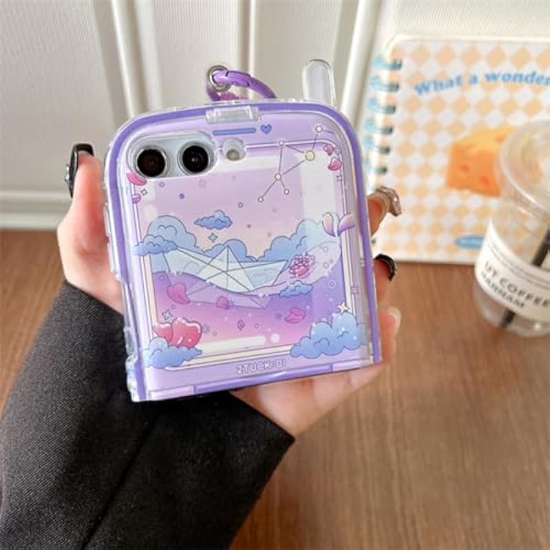 Girly Case for Galaxy Z Flip 5 Cute Purple Boat Print, Lovely Case for Samsung Galaxy Z Flip 5 with Hidden Stand, Woman Protective Case for Galaxy Z Flip 5 Stylish Trendy Design (Purple Boat)