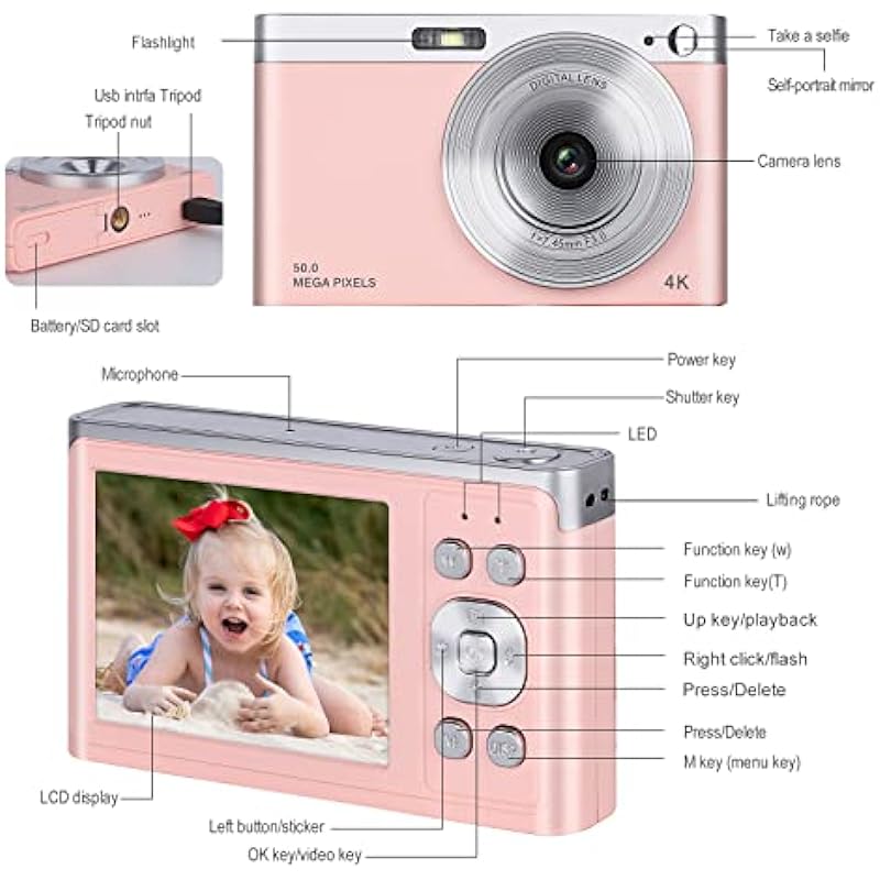 Digital Camera 4K 50MP with 32GB SD Card 2.88″ IPS LCD Screen Auto Focus 16x Digital 9 Special Shooting Modes Zoom Beginner Portable Mini Camera 0.23LB Gifts for Teens (Pink, Batteries X1)