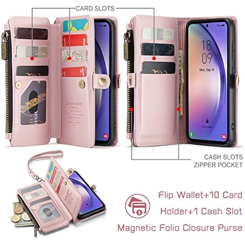 Defencase for Galaxy A54 5G Case, RFID Blocking Samsung A54 5G Case Wallet for Women Men, Durable PU Leather Magnetic Flip Strap Zipper Card Holder Wallet Phone Case for Samsung Galaxy A54 5G, Pink