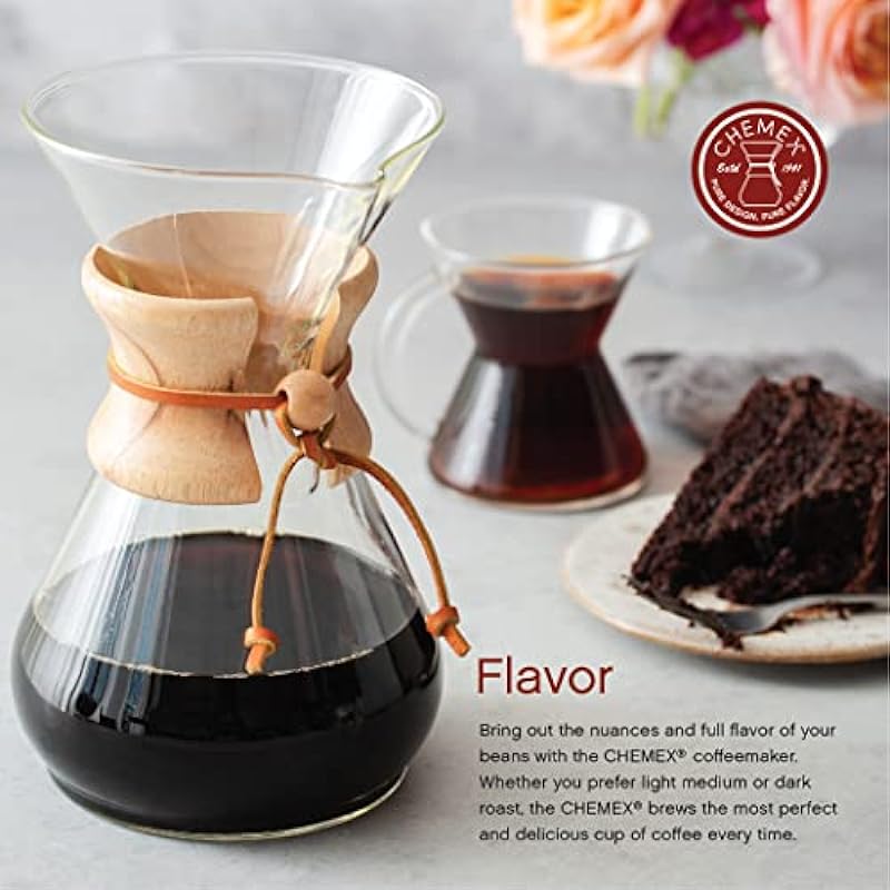 CHEMEX CFCM-8A Classic Series, Pour-over Glass Coffeemaker, 8-Cup – Exclusive Packaging, Clear