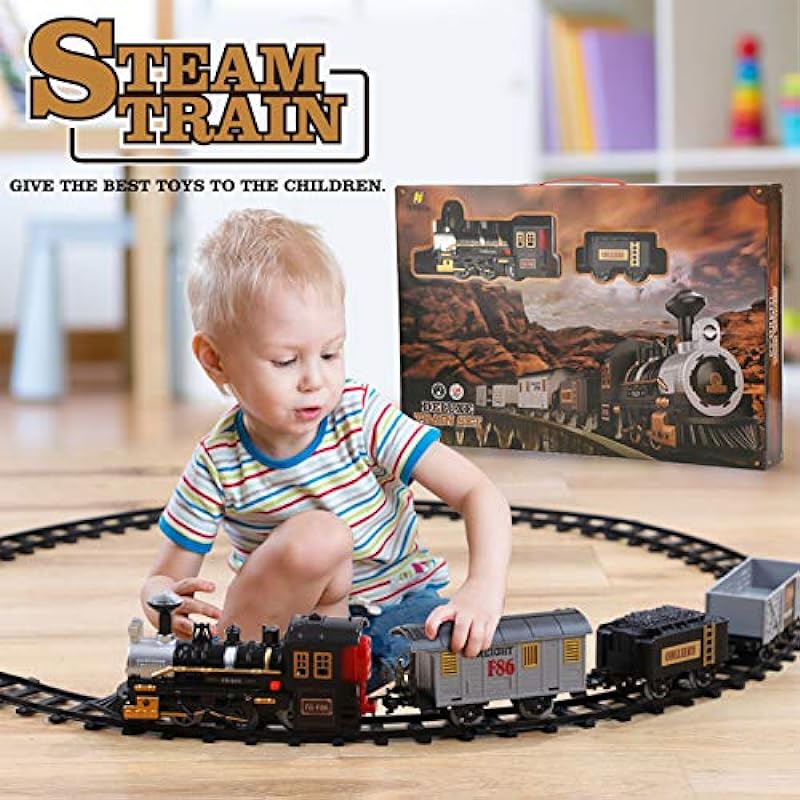 Electric Train Set for Kids, Lucky Doug Battery-Powered Train Toys with Sounds Include Locomotive Engine, 4 Cars and 10 Tracks, Classic Toy Train Set Gifts for 3 4 5 6 Years Old Boys Girls