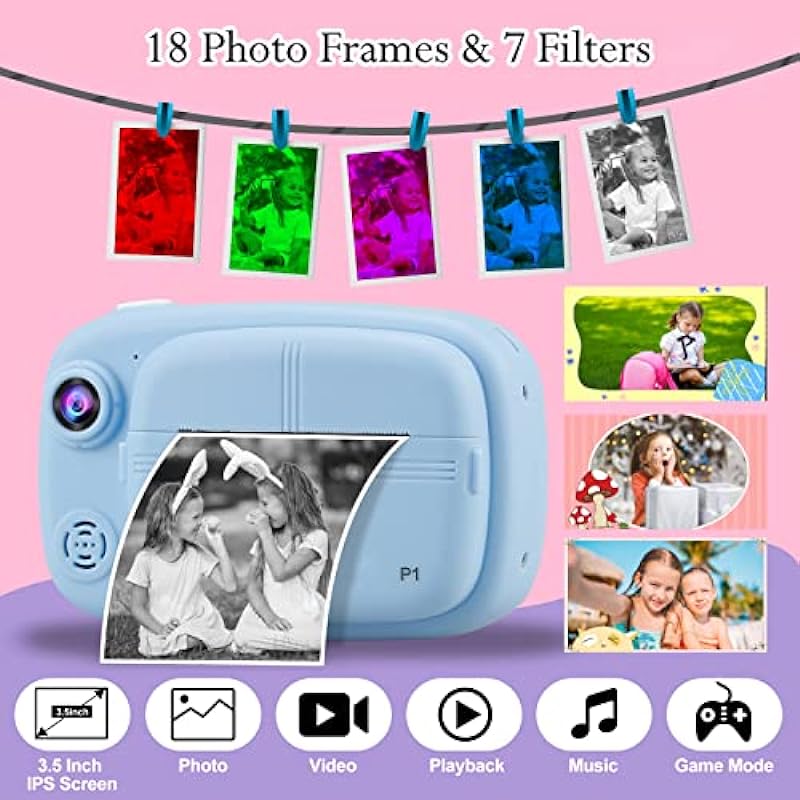 Kids Instant Camera, Mijiaowatch 12MP/1080P Video Kids Digital Instant Camera 3.5 Inch Zero Ink Print Cameras for Kids with 32GB Card, Photo Print Camera Kids Girls Toys Gift for Boys Age 3-14 (Blue)