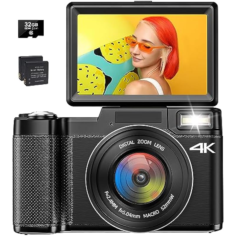 4K Digital Camera for Photography, Autofocus 48MP Vlogging YouTube with 16X Zoom Macro Camera, 3’’180 Degree Flip Screen Compact Video Liftable Flash, SD Card&2 Batteries