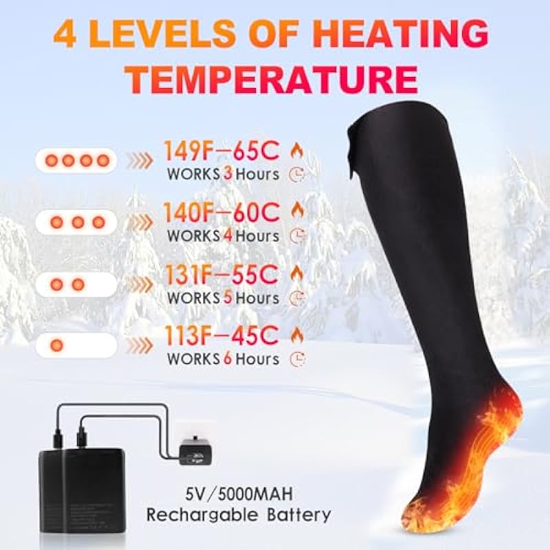 FirstE Heated Socks for Women Men Rechargeable Washable Electric Socks, 5000mAh Foot Warmer Heat Holders, Best Gift Choice Heated Socks for Winter Outdoor Skiing Hunting Camping