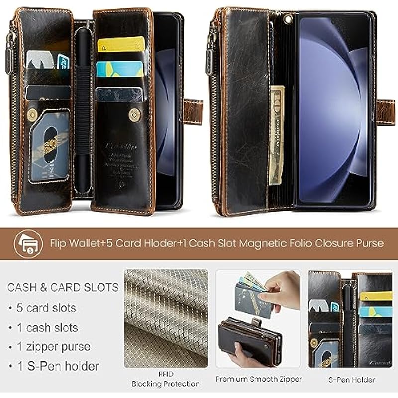 CaseMe Samsung Galaxy Z Fold 5 Case with S Pen Holder, Z Fold 5 Wallet Case with Card Holder for Wmen Men, RFID Blocking Durable Leather Kickstand Zipper Shockproof Galaxy Fold 5 Case, Luxury Coffee