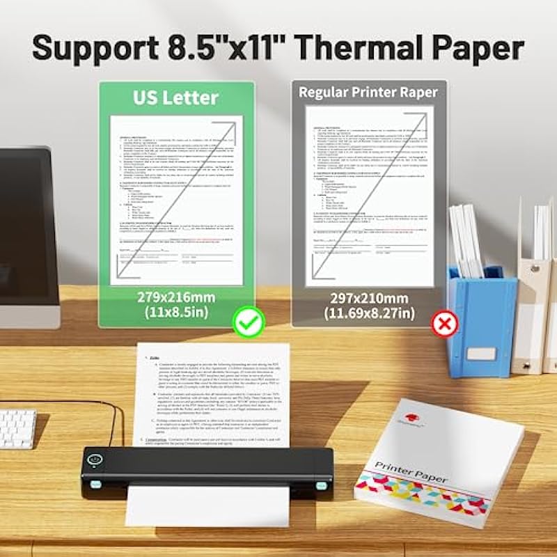 Portable Printer Wireless for Travel – M08F-Letter Bluetooth Tattoo Stencil Printer – Support 8.5″ X 11″ US Letter, No-Ink Thermal Compact Printer with 1 Case, Compatible with Phone & Laptop