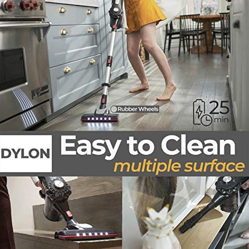 Roomie Dylon Cordless Stick Vacuum Cleaner, Self-Standing, Up to 25min, Advanced Filtration System