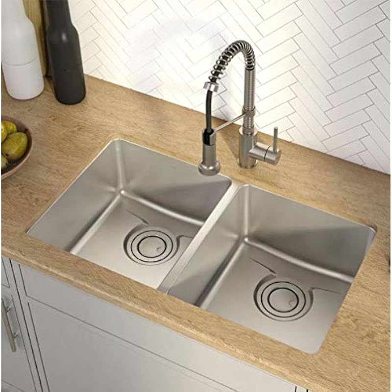 Kraus KD1UD33B Dex inch Undermount 50/50 T304 Plus TRU16 Gauge Stainless Steel Kitchen Sink, 33″ Double Bowl, Radiant Pearl Finish