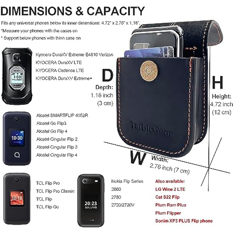 TarbicGear Slim Flip Phone Holster, Belt Clip Magnetic Case for Alcatel Go Flip, Sonim XP3 Plus, Kyocera DuraXV, Cat S22 Flip, TCL Flip, Nokia Flip Phone Real Leather Pouch, Black