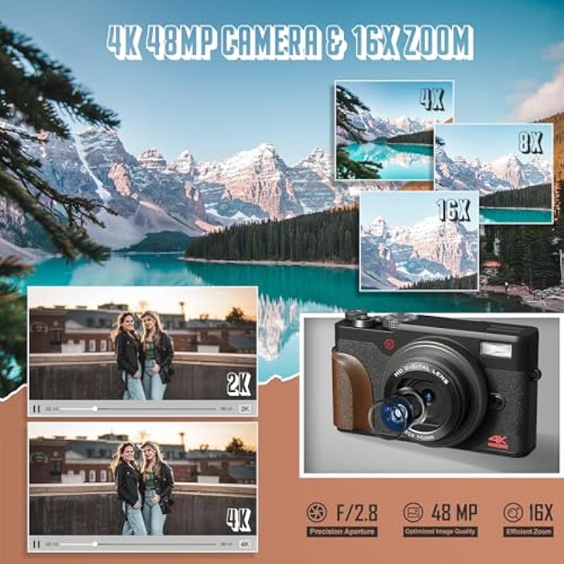 Digital Camera, Cameras for Photography,4K&48MP Video Camera, Vlogging Camera for YouTube, Compact Small Camera with Two Batteries, Digital Point and Shoot Camera with 16X Zoom