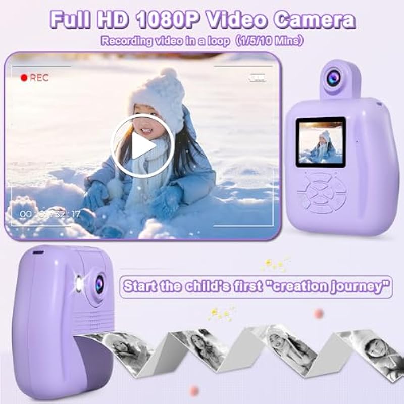 Kids Camera Instant Print – Instant Print Camera for Kids, Inkless Camera Instant Print, Kids Digital Camera, Toddler Camera Kids Toys Christmas Birthday Gifts for Girls Boys Age 3-12 (Purple)
