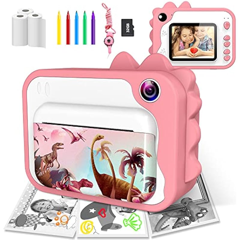 USHINING Instant Print Camera for Kids 12MP Digital Camera for Kids Aged 3-12 Ink Free Printing Video Camera for Kids 1080P 2.4 Inch Screen with 32GB SD Card,Color Pens,Print Papers (Pink)