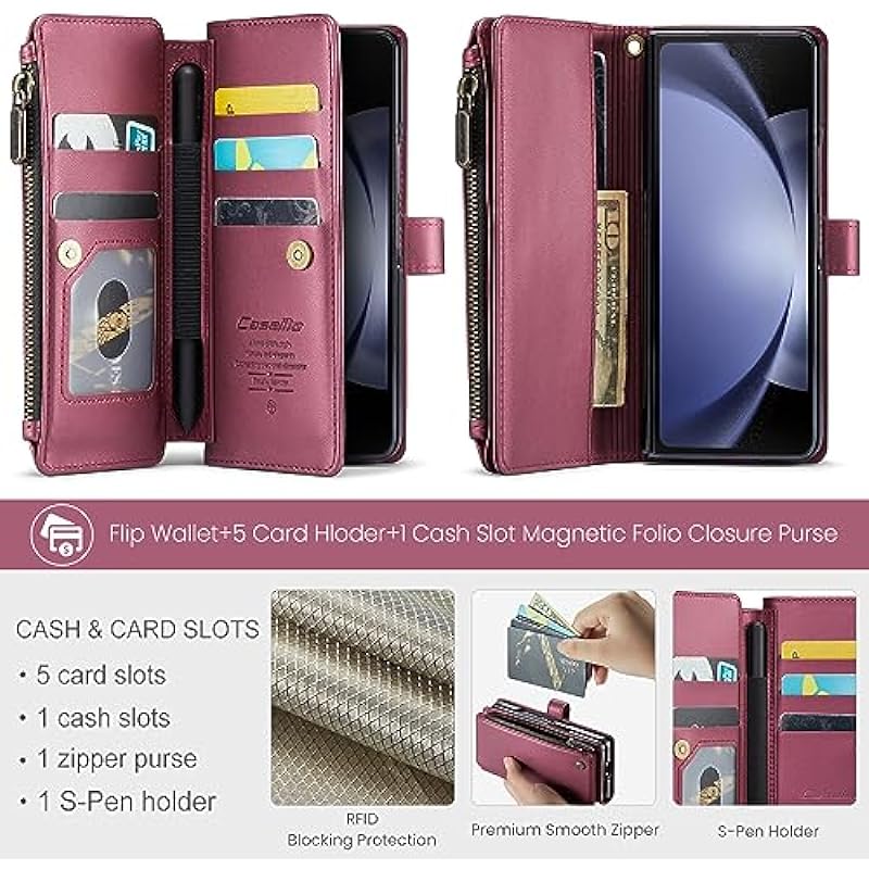 CaseMe Samsung Galaxy Z Fold 5 Case with S Pen Holder, Z Fold 5 Wallet Case with Card Holder for Wmen Men, RFID Blocking Durable Kickstand Zipper Shockproof Flip Phone Case for Galaxy Fold 5, Red