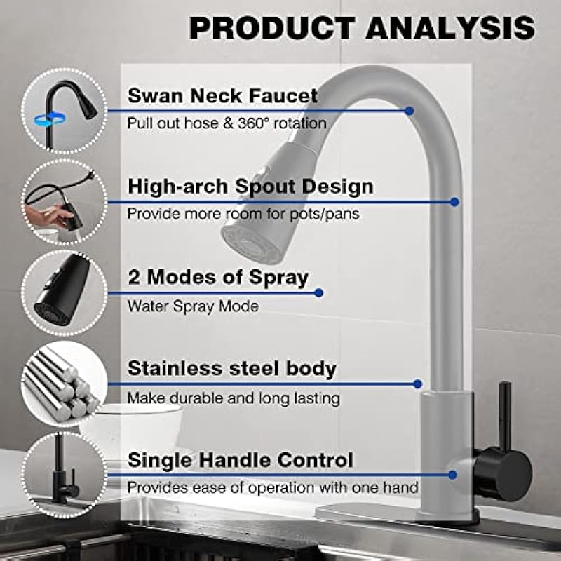 Black Kitchen Faucet with Pull Down Sprayer,Kitchen Sink Faucet with Pull Out Sprayer,Lead-Free Swan Neck Kitchen Sink tap, Single Hole Deck Mount,360 Swivel&Spring Spout Pull Out Tap,Matte Black