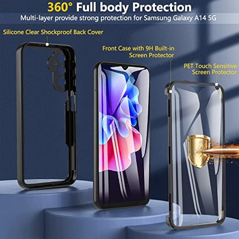 ottpluscase for Samsung Galaxy A14 Case, Samsung A14 5G Case Shockproof with Built-in Screen Protector,360 Full Body Protection Double-Sided Bumper Transparent Cover for Samsung Galaxy A14 5G- Black