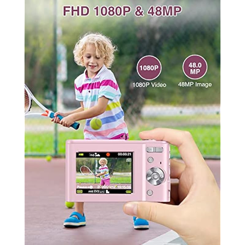 CAMKORY Digital Camera Autofocus with 32 GB Card Portabl Teen 48 MP Kid Camera FHD 1080P Vlogging Camera with 16X Zoom, LCD Screen, Compact Mini Cameras for 4-10 Year Old Student, Boy, Girl, Pink