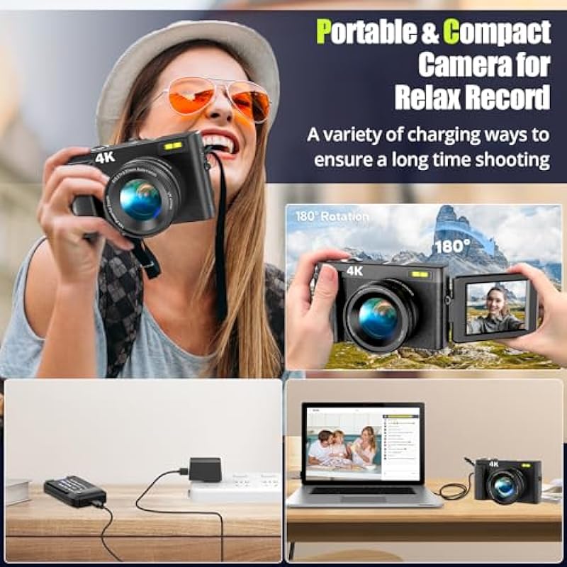 4K Digital Camera for Photography Autofocus 48MP Vlogging Camera with Flash 3” 180°Flip Screen,16X Digital Zoom Anti-Shake Video Camera for YouTube,Compact Camera with 32GB Memory Card, 2 Batteries
