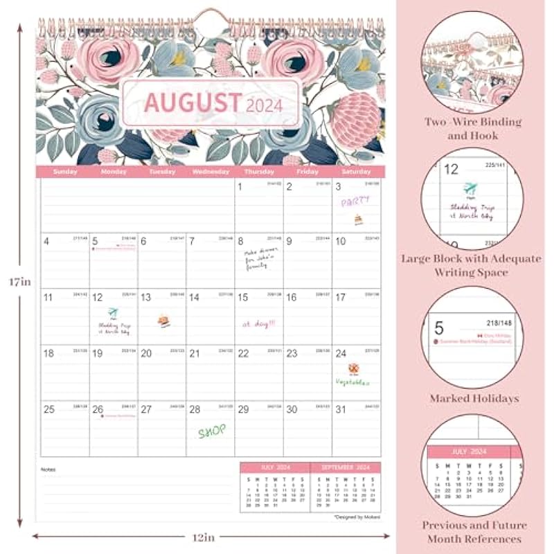 Calendar 2024, Mokani Wall Calendar 2024-2025, Large Monthly Planner (Jan.2024 – Jun.2025) 12″ x 17″ with Plastic Cover, Stickers and Canada Holidays, Big Desk Calendar for Home School Office, Perfect for Planning and Organizing
