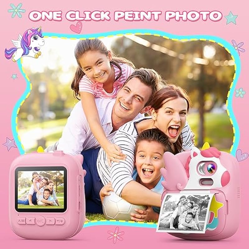 CAMCLID Kids Camera Instant Print, 12MP & 1080P Instant Camera for Kids with 32G SD Card & Print Paper, Selfie Digital Video Camera for Toddler,Christmas Birthday Gifts for Girls Boy Age 3-12 (Pink)