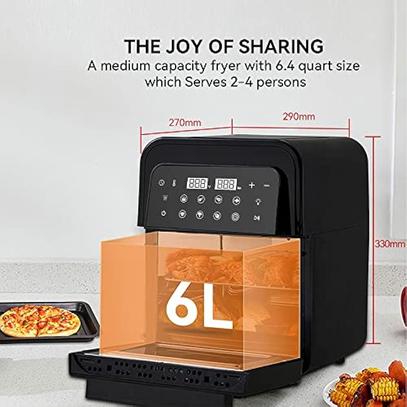 Air Fryer 6.4QT 1400W 8-in-1 Electric Air Fryer Oven Roast Toaster Oven and Dehydrator with 8 Touch Screen Presets Rapid Hot Air Technology 1400W Fast Family-Style Healthy Cooking Low Oil Low Fat