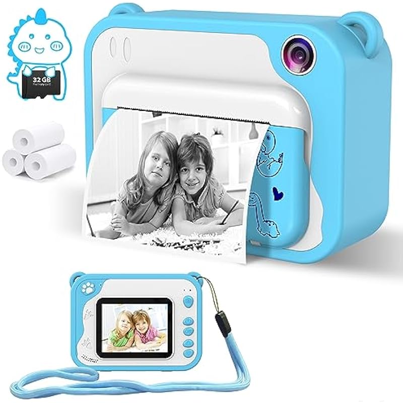 USHINING Instant Print Camera for Kids, 12MP Digital Camera for Kids Aged 3-12 Ink Free Printing 1080P Video Camera for Kids with 32GB SD Card,Color Pens,Print Papers (Blue)