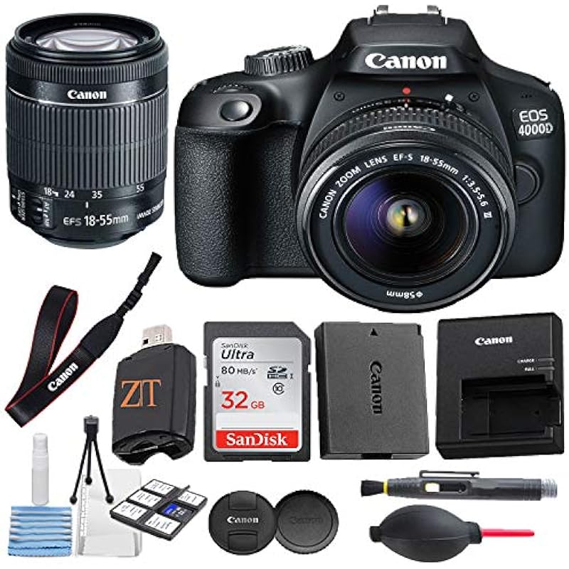 Canon EOS 4000D / Rebel T100 DSLR Camera w/ 18-55MM DC III Zoom Lens with Accessory Bundle + SanDisk 32GB Memory Card + Hi-Speed USB Card Reader + Deluxe Starter kit (16 pcs Bundle)