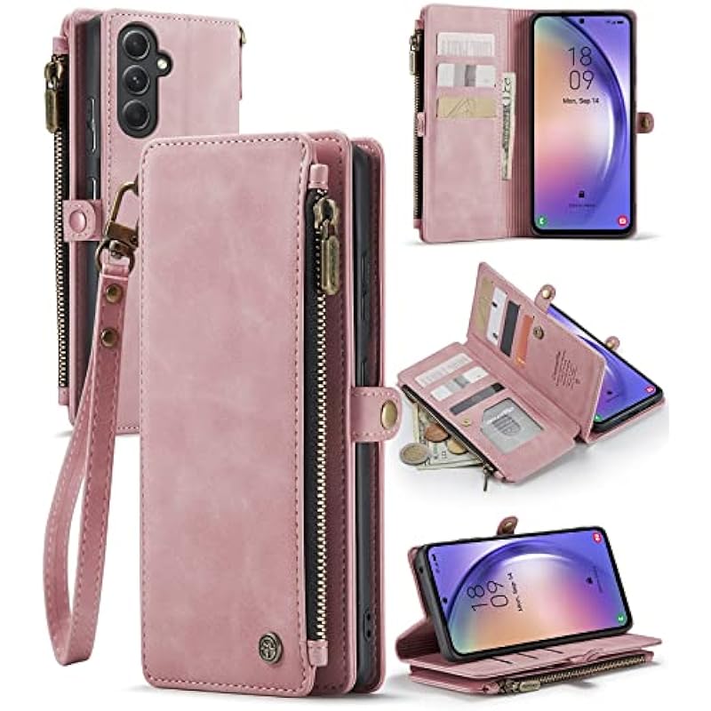 Defencase Galaxy A54 5G Case, RFID Blocking Samsung A54 5G Case Wallet for Women Men, Durable PU Leather Magnetic Flip Strap Zipper Card Holder Wallet Phone Case for Samsung Galaxy A54 5G, Rose Pink