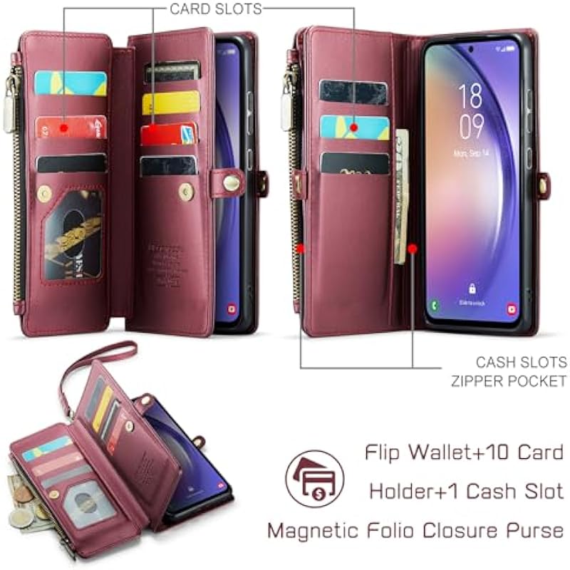 Defencase for Galaxy A54 5G Case, RFID Blocking Samsung A54 5G Case Wallet for Women, Durable Leather Magnetic Flip Strap Zipper Card Holder Wallet Phone Case for Samsung Galaxy A54 5G, Purple Red
