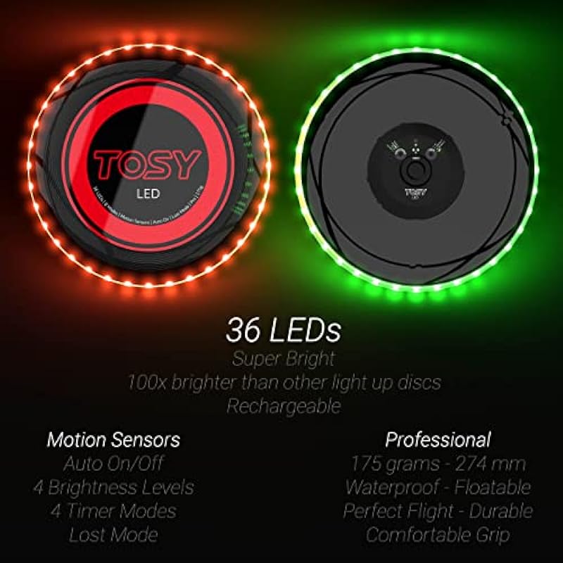 TOSY 36 and 360 LEDs Flying Disc – Extremely Bright, Smart Modes, Auto Light Up, Rechargeable, Perfect Birthday & Camping Gift for Men/Boys/Teens/Kids, Standard 175g frisbees