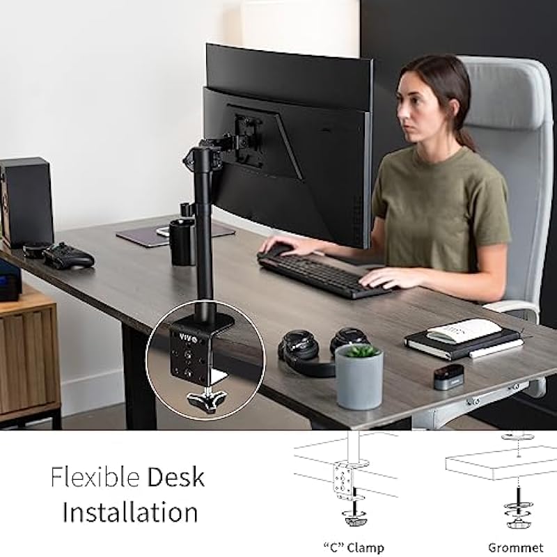 VIVO Single Monitor Arm Desk Mount, Holds Screens up to 32 inch Regular and 38 inch Ultrawide, Fully Adjustable Stand with C-Clamp and Grommet Base, VESA 75x75mm or 100x100mm, Black, STAND-V001