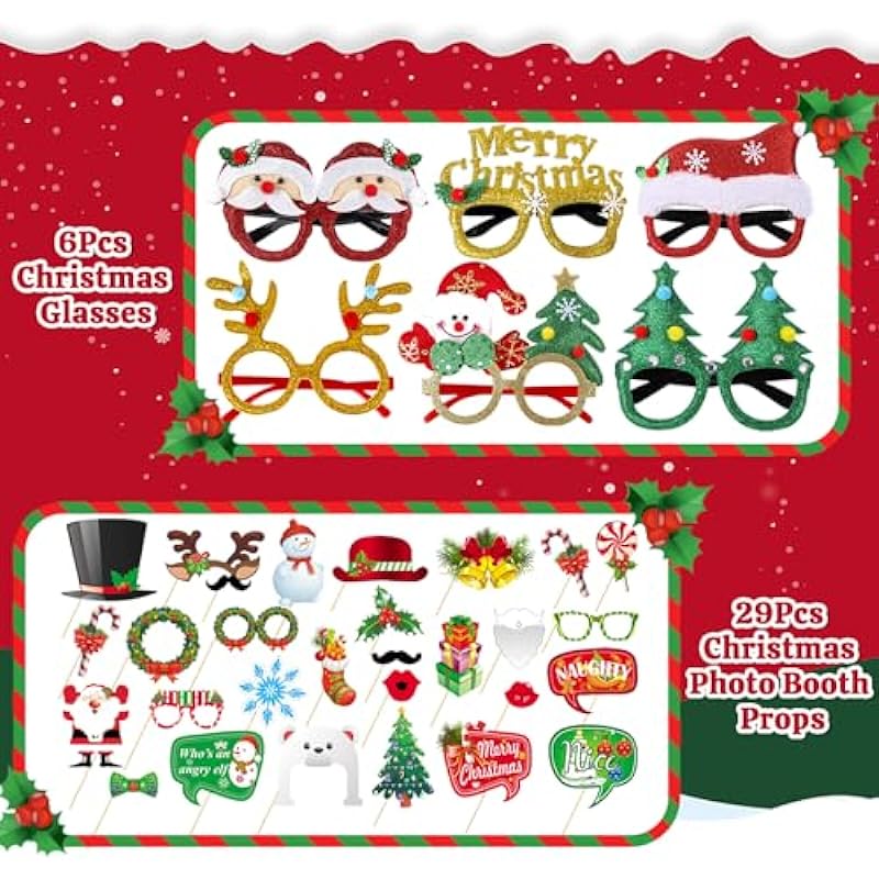 Dokeawo 35PCS Christmas Glasses Frame Christmas Photo Booth Props for Christmas Party Favors for Kids & Adults Party Supplies