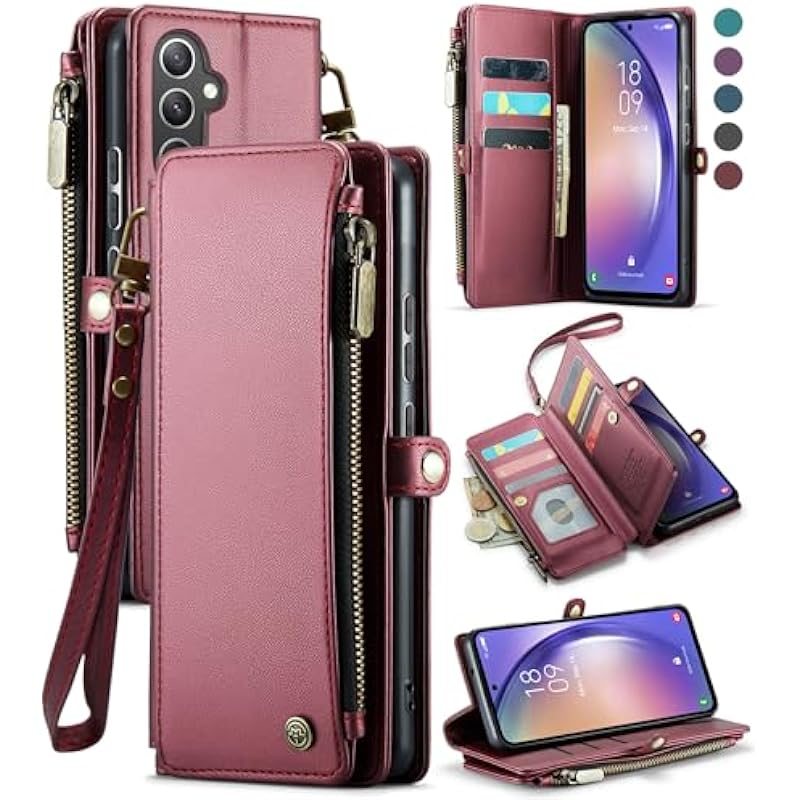Defencase for Galaxy A54 5G Case, RFID Blocking Samsung A54 5G Case Wallet for Women, Durable Leather Magnetic Flip Strap Zipper Card Holder Wallet Phone Case for Samsung Galaxy A54 5G, Purple Red
