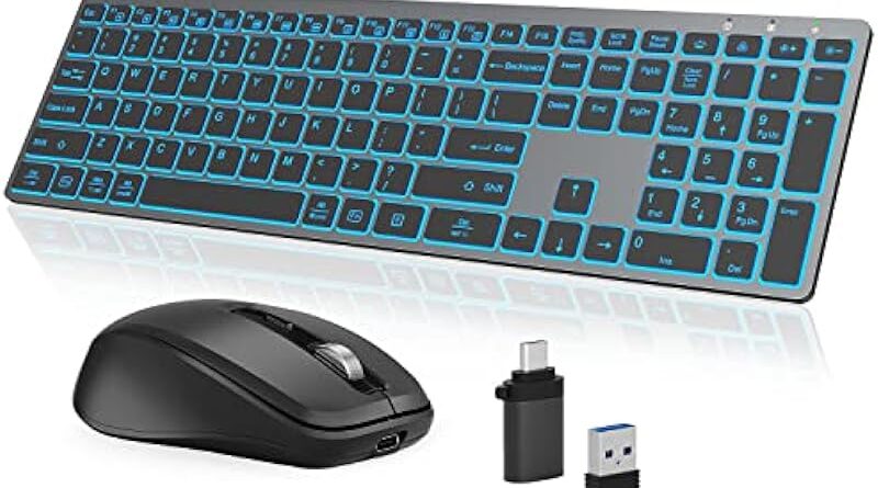 Earto K637 Wireless Keyboard and Mouse, 7 Color Backlit, Jiggler Mouse with 4 Level DPI, Type-C Rechargeable, 2.4G Keyboard Mouse with One USB Nano Receiver, for Windows/Mac OS/Laptop/PC, Dark Grey